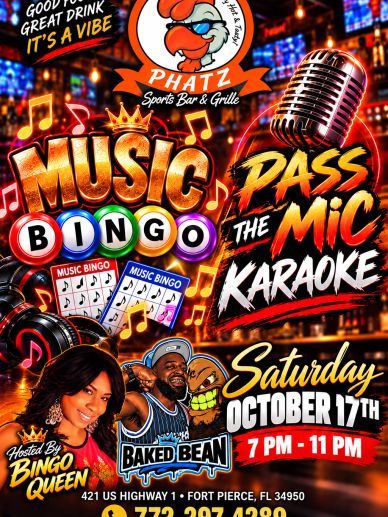 Promotional flyer for Music Bingo and Karaoke at Phatz Sports Bar &amp; Grille.