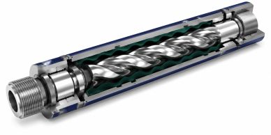 Cutaway view of a stainless steel progressive cavity pump rotor and stator.