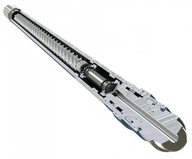 Cutaway view of a mechanical screw conveyor showing internal helical screw.