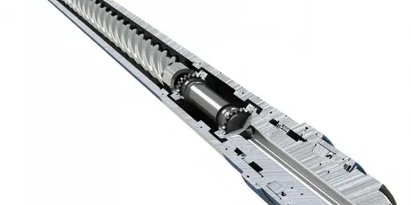 Cutaway view of a ball screw mechanism showing the internal ball bearings and screw thread.