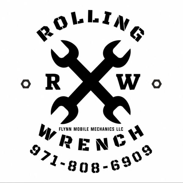 Logo of Rolling Wrench with crossed wrenches and contact number.