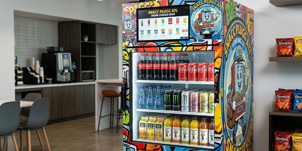 Colorful vending machine with drinks and snacks in an office space.