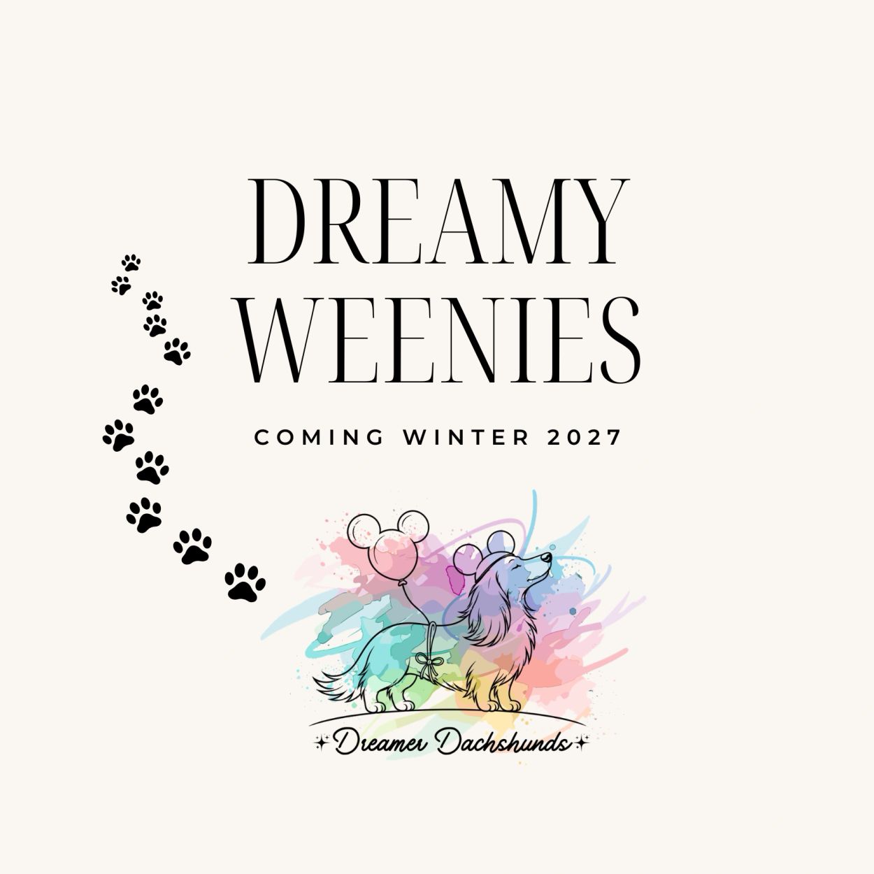 Dreamy Weenies announcement with colorful dachshund illustration.