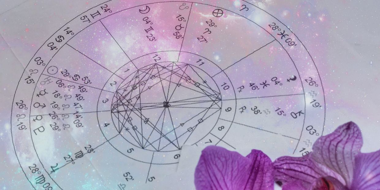 Astrological chart overlaid on a cosmic background with a purple flower.