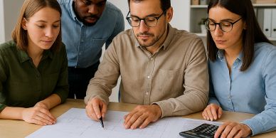 Four colleagues collaborating over architectural plans at a desk.