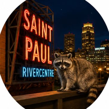 Raccoon in front of Saint Paul RiverCentre sign at night.
