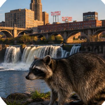 Raccoon by a river with a waterfall and urban buildings.