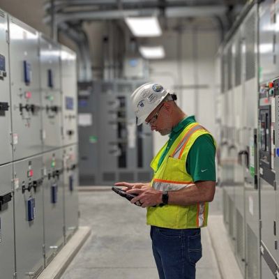 Worker in safety gear using a device in an industrial control room.