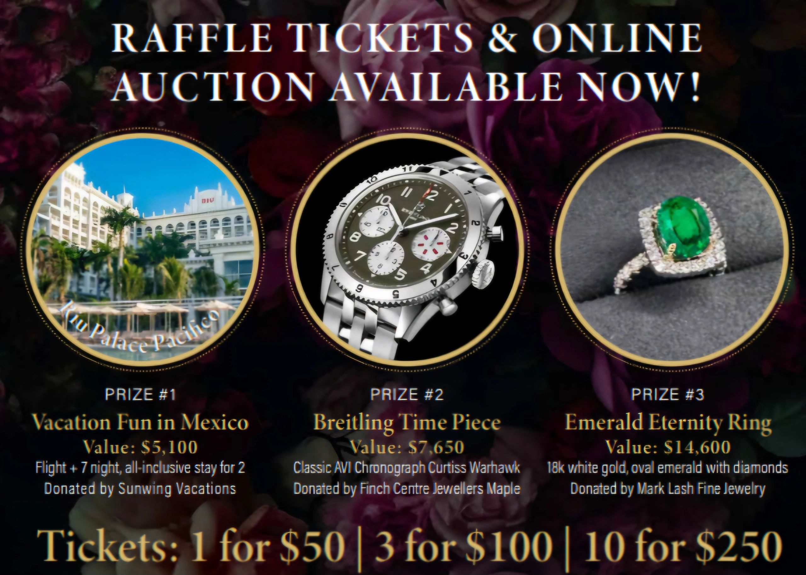 Raffle tickets available for a vacation, watch, and ring prizes.