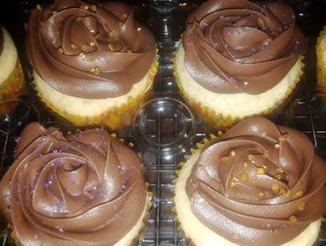 Vanilla cupcakes with chocolate frosting and sprinkles