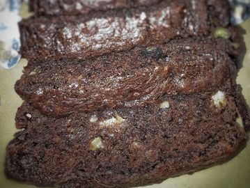 Slices of our chocolate quick bread with walnuts