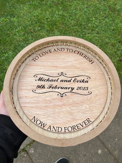 Wood engraving. Centre piece for a wooden tray wedding gift