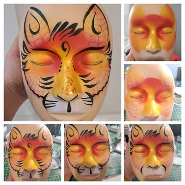 Six images showing a step by step tiger face paint. 