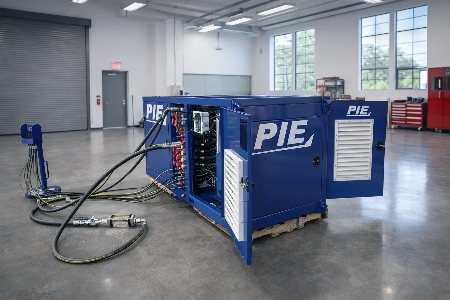 Blue industrial machine with cables and open panel in a warehouse.