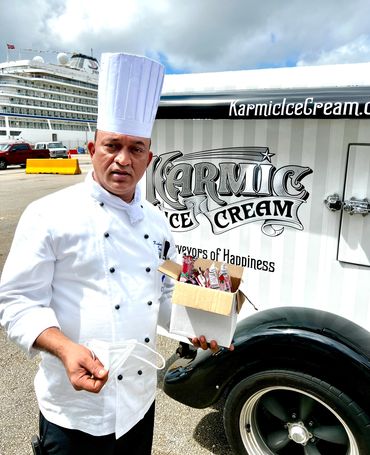 Chef from Princess Cruise Ship enjoying Ice Cream from Karmic Ice Cream truck in Ft Lauderdale
