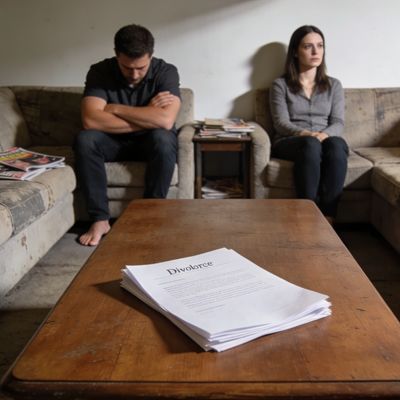 A couple sits apart, tense, with divorce papers on the table.