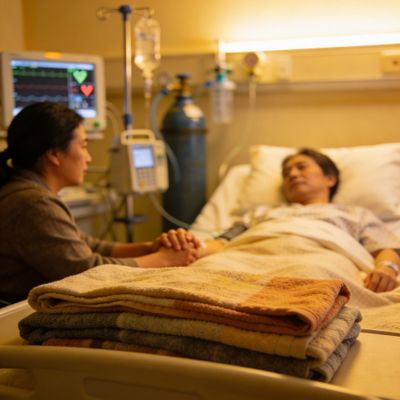 A woman holds the hand of a patient lying in a hospital bed.