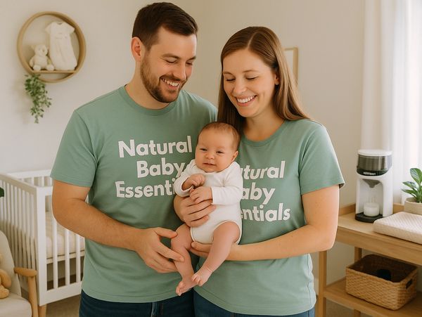 Happy parents holding baby in soft green nursery, NaturalBabyEssentials.com shirts.