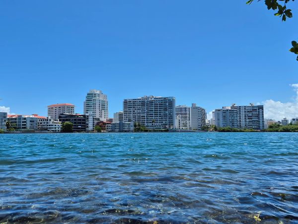City skyline viewed across clear blue water under a sunny sky.