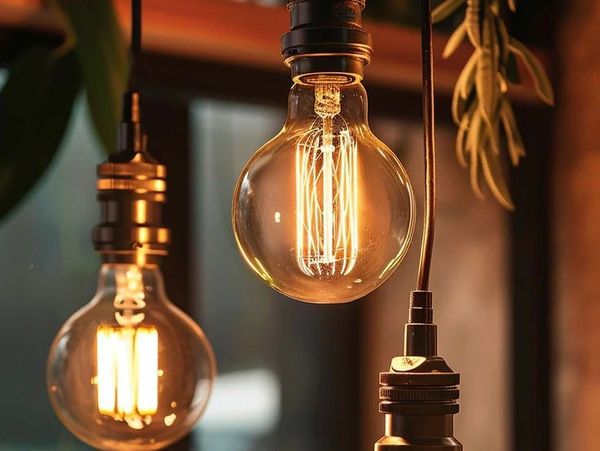 Three vintage filament light bulbs hanging with warm glowing light.