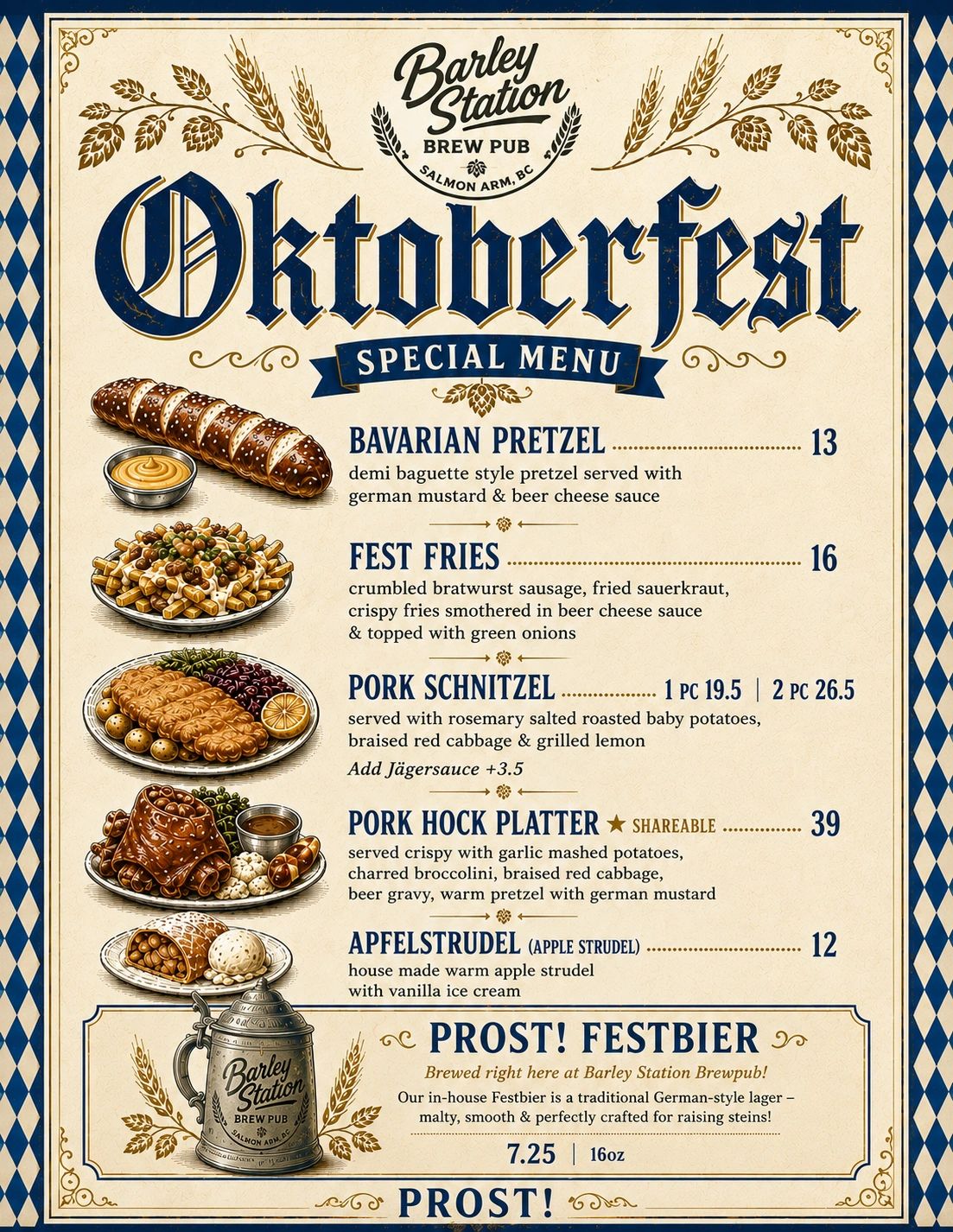 Oktoberfest special menu with Bavarian pretzel, fest fries, schnitzel, pork hock platter, apple strudel, and Festbier.