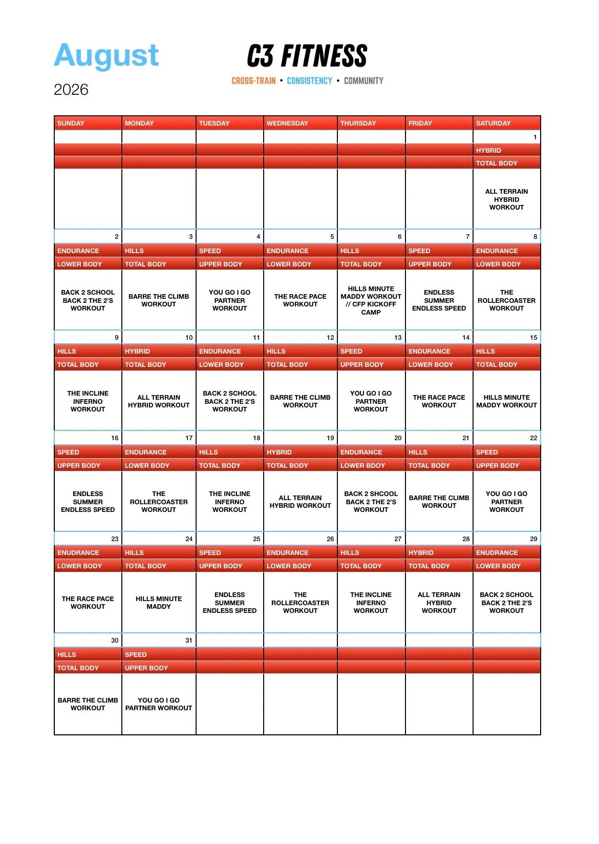 August 2026 C3 Fitness workout calendar with a focus on various workout types and body areas.