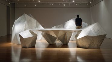 Geometric marble table and chairs with a person observing in a gallery.