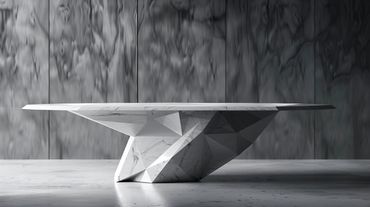 A modern geometric marble table with a sculptural base in a minimalist room.