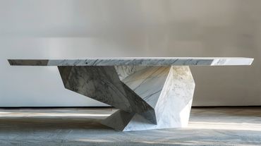 Modern marble table with a geometric sculptural base.