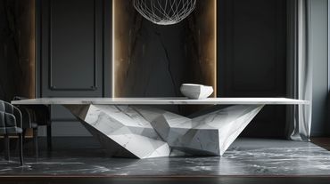 Modern geometric marble table in an elegant room with dark walls.