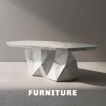 Furniture expressed as small-scale architecture: polygonal geometries, crystalline, and functional.