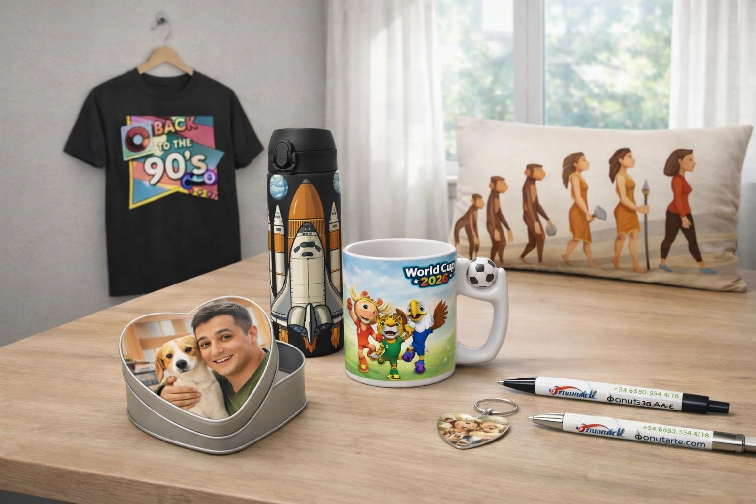 Personalized gifts including a heart-shaped photo tin, a space-themed flask, and a World Cup 2026 mug.