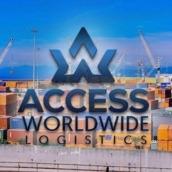 Logo of Access Worldwide Logistics over a busy shipping container yard.