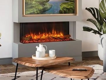 Regency Skope E110 3-sided bay style electric fireplace with logs