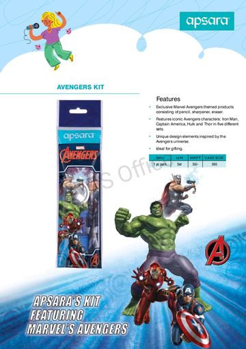 Apsara Avengers Kit with pencil, sharpener, and eraser featuring Marvel Avengers characters.