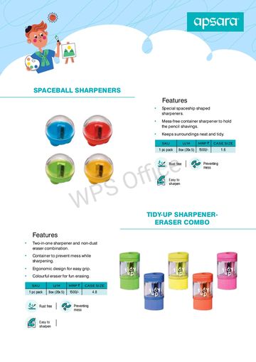 Colorful spaceship-shaped sharpeners and two-in-one sharpener-eraser combos by Apsara.