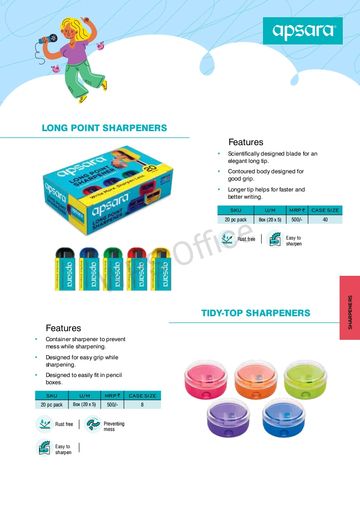 Apsara long point and tidy-top sharpeners with features and packaging details.