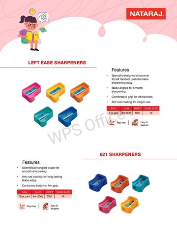 Colorful sharpeners designed for left-handed users and general use, featuring rust-free coating and easy sharpening.