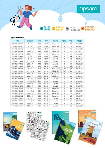 Apsara spiral notebooks with various sizes, pages, and designs for different subjects.