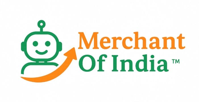 Logo of Merchant of India featuring a robot and upward arrow.