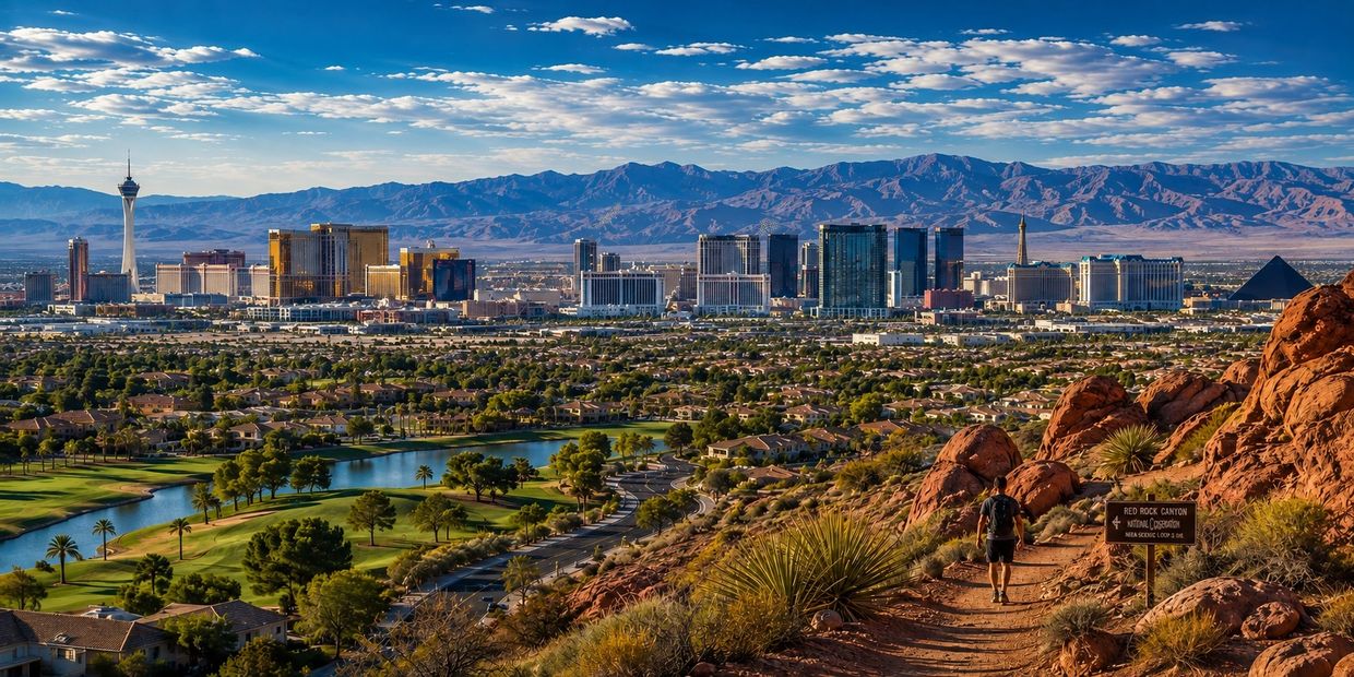Person hiking near red rock canyon overlooking Las Vegas cityscape.