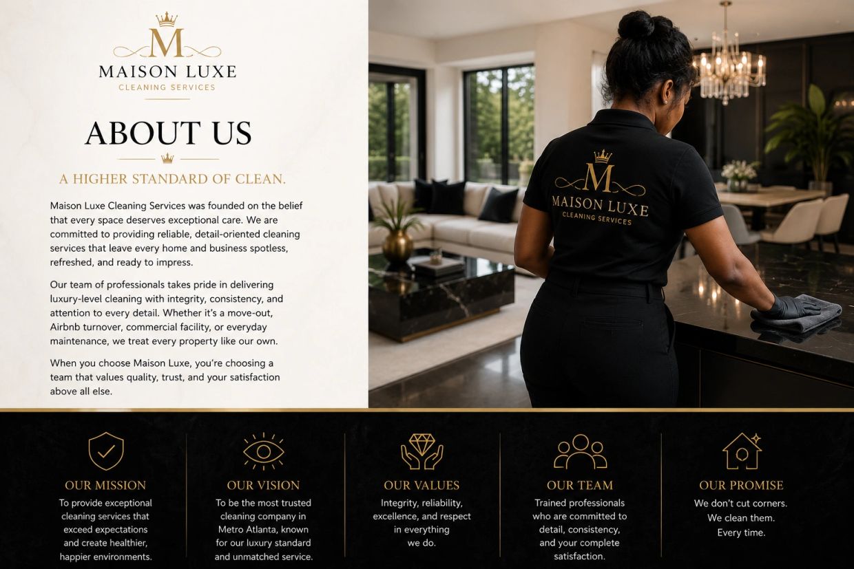 Maison Luxe Cleaning Services about us and mission details.