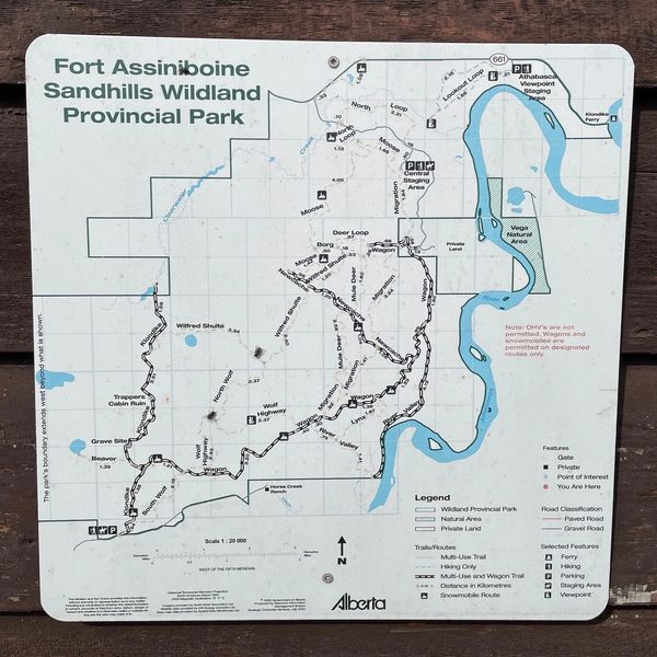 Map of Fort Assiniboine Sandhills Wildland Provincial Park showing trails and features.