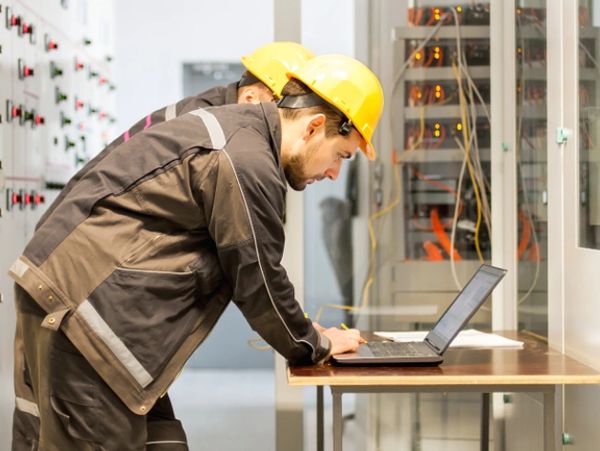 Two maintenance engineers inspect the laptop computer relay protection system