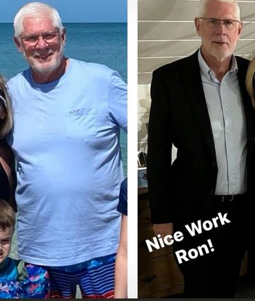 Before and after photos of an older man showing significant weight loss.