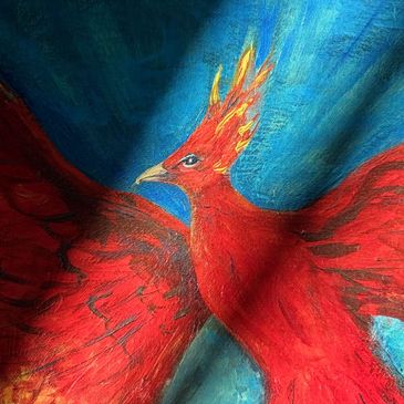 Vibrant painting of a fiery red phoenix with blue background.