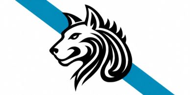 Logo estilizado de un lobo con una franja azul diagonal.