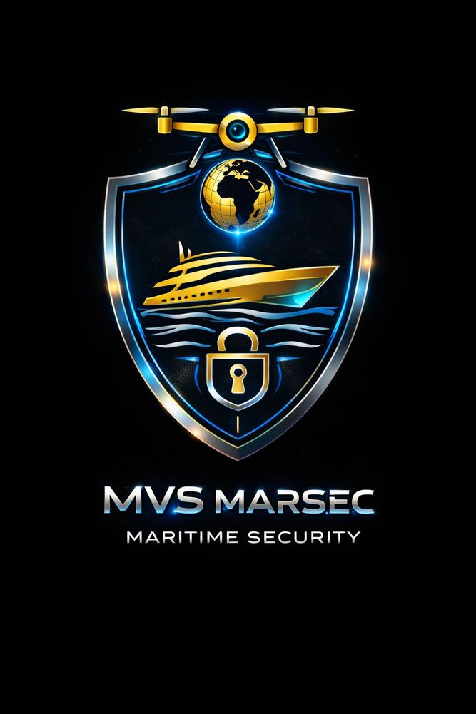 Logo for MVS Marsec Maritime Security featuring a yacht, globe, drone, and padlock on a shield.