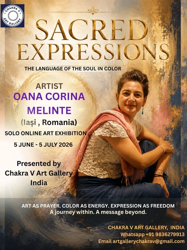 Portrait of Oana Corina Melinte promoting her online art exhibition Sacred Expressions.