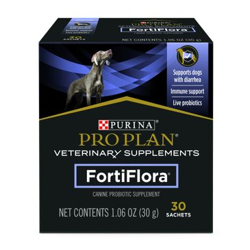 Box of Purina Pro Plan FortiFlora canine probiotic supplement with 30 sachets.